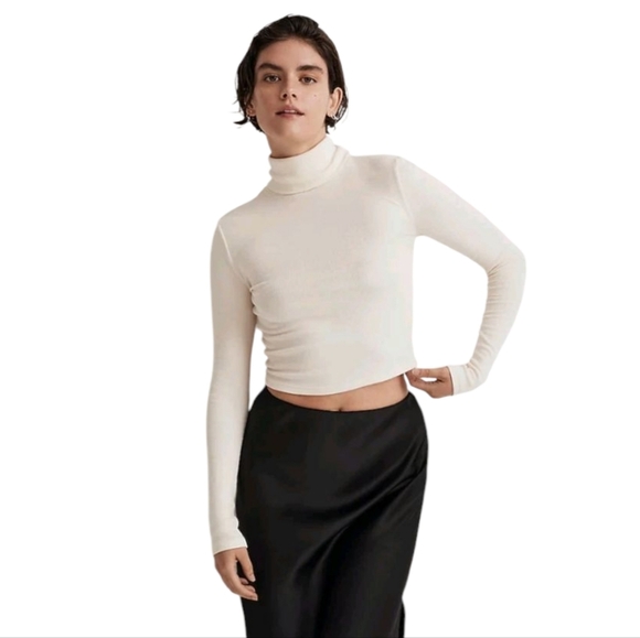 Madewell Brightside Finerib Turtleneck Cropped Long Sleeve Tee Cream sz Medium - Picture 1 of 11